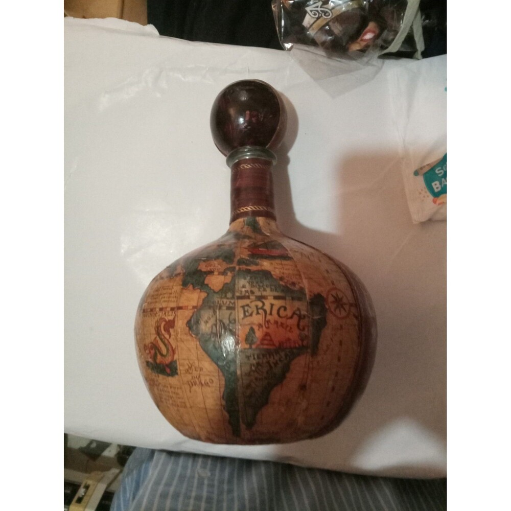Vintage Decanter Made in Italy Leather Wrapped World Map Glass Bottle